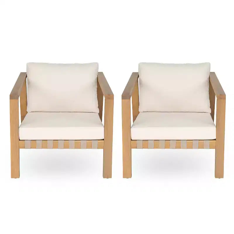 Christopher Knight Home Fraser Patio Slat Design Acacia Wood Club Chair with Cushion, Beige/Light Teak