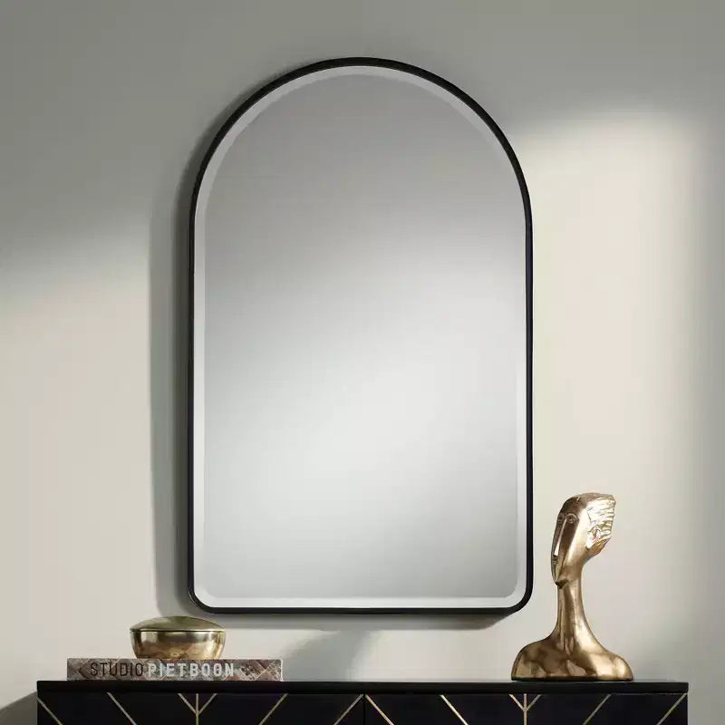 Uttermost Clara Arch Top Vanity Decorative Wall Mirror Modern Beveled Matte Black Metal Frame 24 Wide for Bathroom Bedroom Living Room Home Entryway