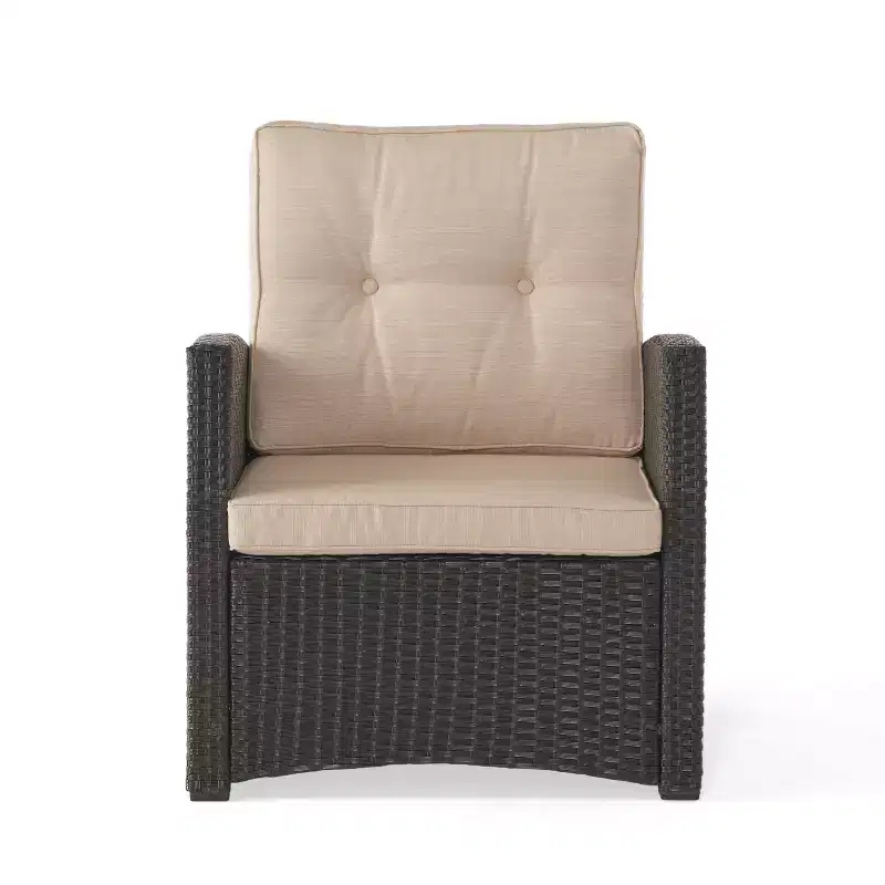 Christopher Knight Home Sanger Outdoor Wicker Club Chair with Button-Tufted Cushions, Dark Brown/Beige