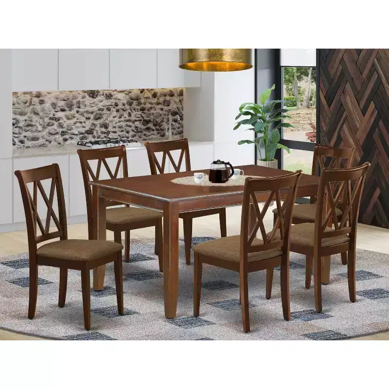 HomeStock 7-Piece Rectangle Mahogany Finish Solid Wood Top Dining Table with 6-Chairs with Cross Back