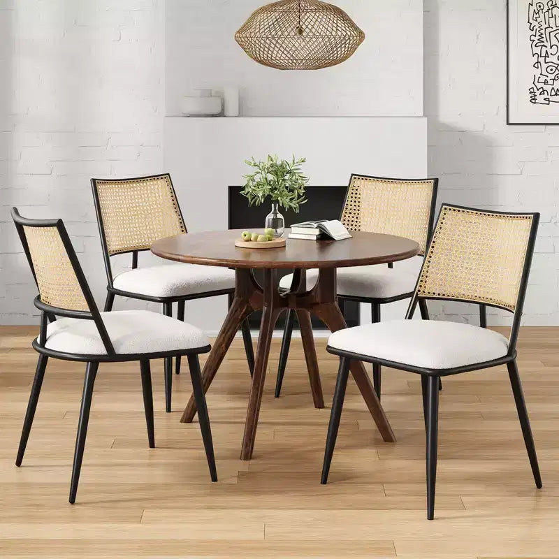 PexFix 2Pcs Dining Chairs Mid-Century Modern Kitchen Chairs with Rattan Backrest & Metal Frame Boucle Upholstered Accent Chairs White