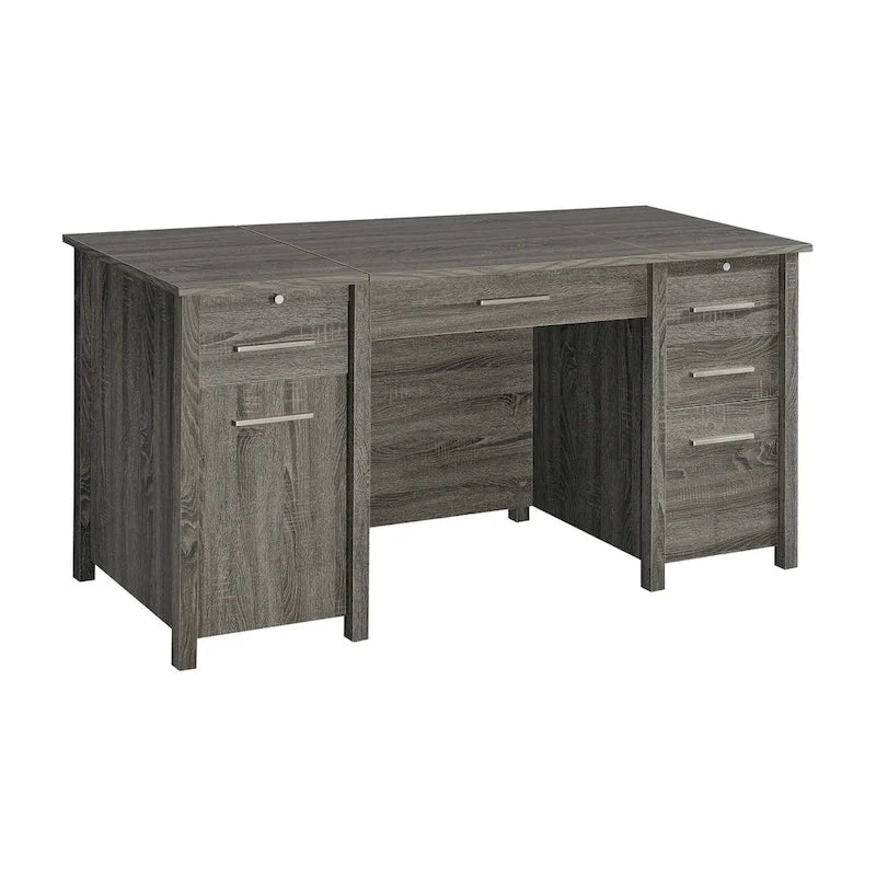 Wim 60 Inch 4 Drawer Lift Top Office Desk, 2 Pull Out Trays, Weathered Gray