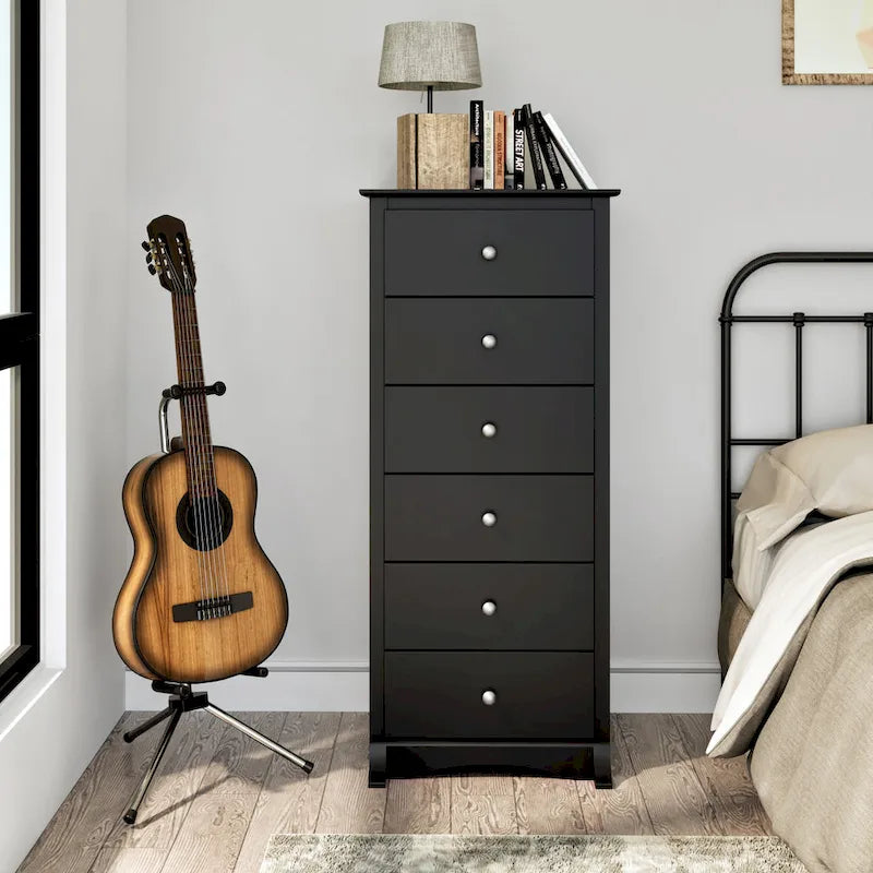 6-Drawer Tall Bedroom Dresser, Black Laminate, Brushed Nickel Knobs, 52.75H