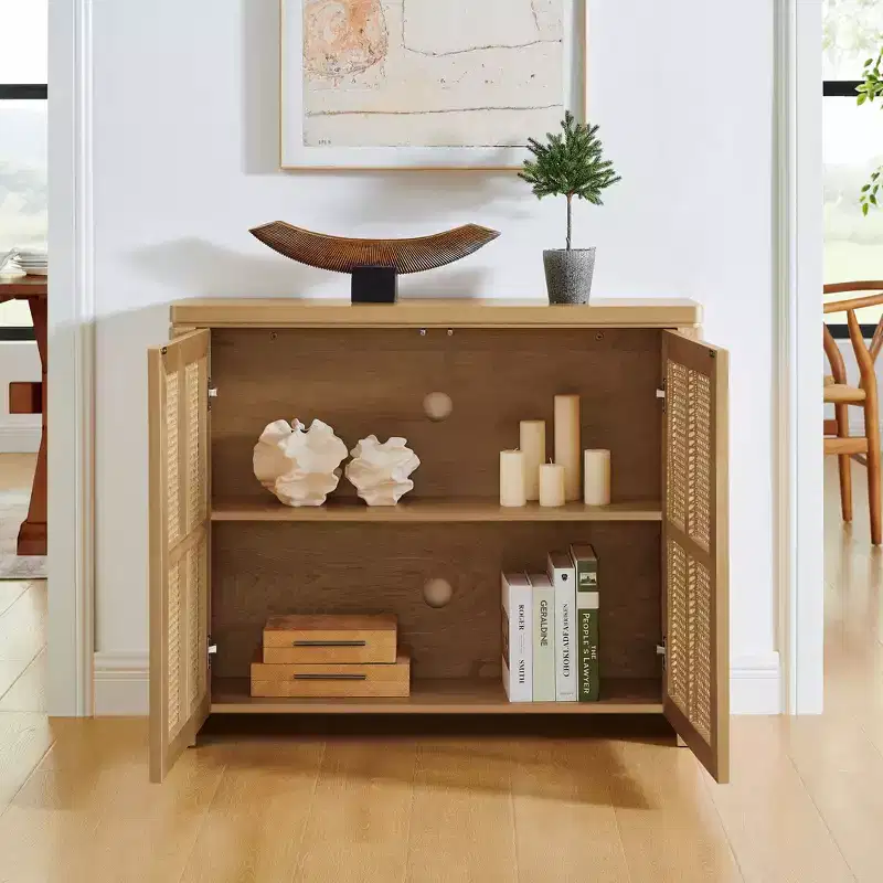 Mid Century Wooden Buffet Sideboard Storage Cabinet with Rattan Doors, Retro Coffee Pantry Cabinets for Dining Room, Kitchen