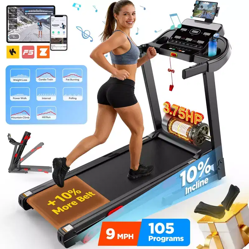 3.75HP Up to 9MPH Folding Treadmill Motorized Running Machine 105 Preset Program & LCD Display Screen
