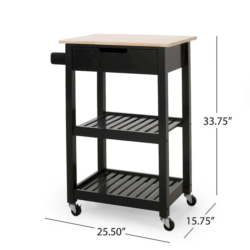 Compact Rolling Kitchen Cart with Rubberwood Top Drawer 2 Slatted Shelves and Towel Rack