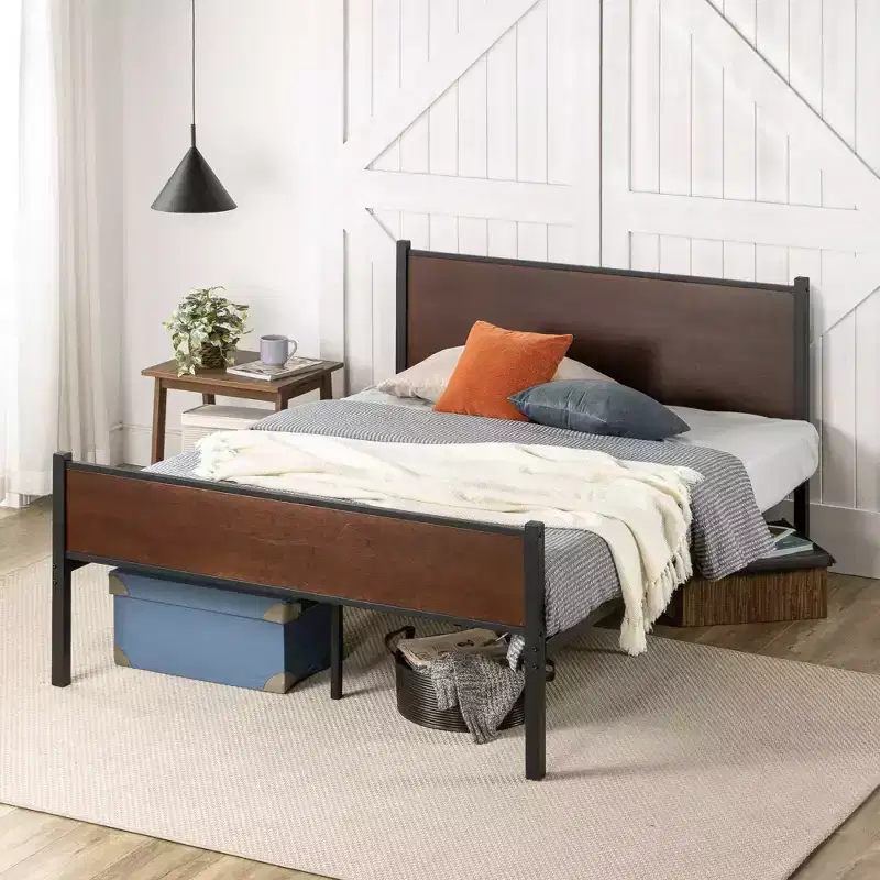 Bamboo and Metal Platform Bed Frame with Headboard and Footboard Brown
