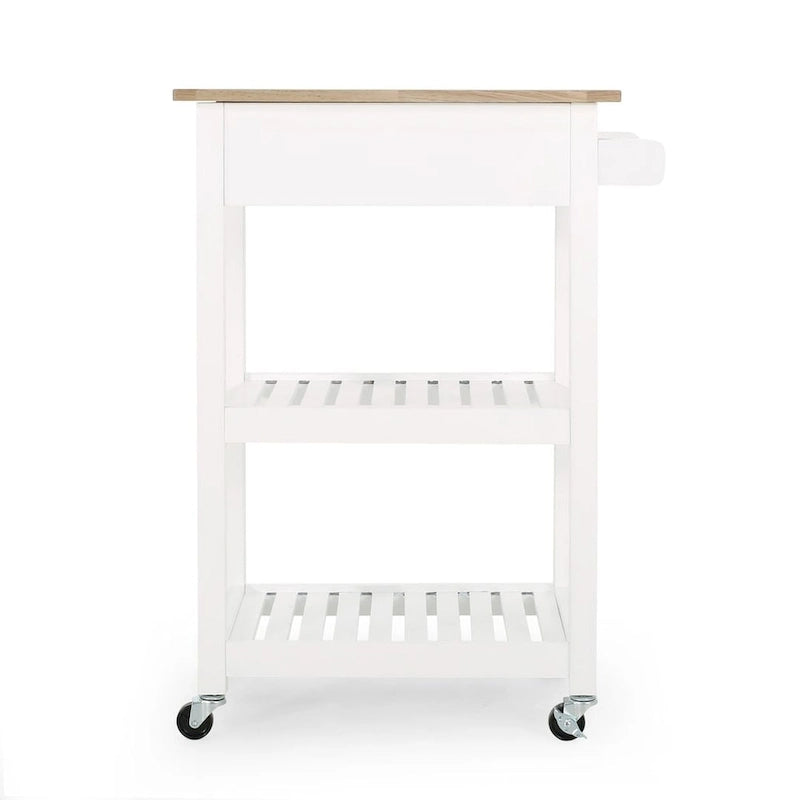 Compact Rolling Kitchen Cart with Rubberwood Top Drawer 2 Slatted Shelves and Towel Rack