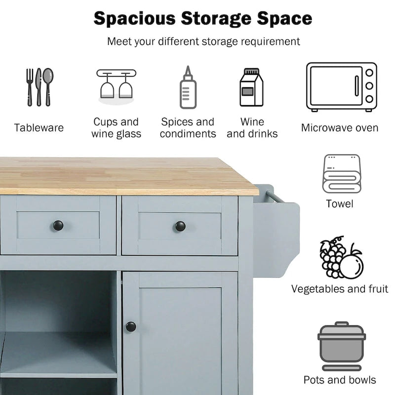 White Rolling Kitchen Island Cart with 5 Wheels Drop Leaf Rubberwood Top 3 Drawers and Spice Rack