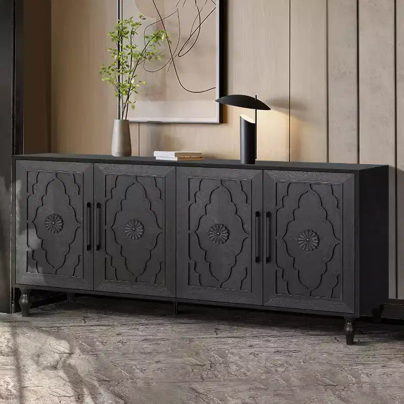 GDFStudio Mid Century Modern 62.99'' Carved Flower Door Cabinet with Adjustable Shelves