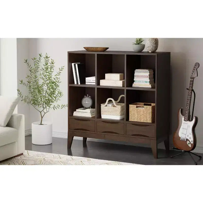 Pearson SOLID HARDWOOD 43 inch x 42 inch Mid Century Modern Low 6 Cube Storage with Drawers in Walnut Brown