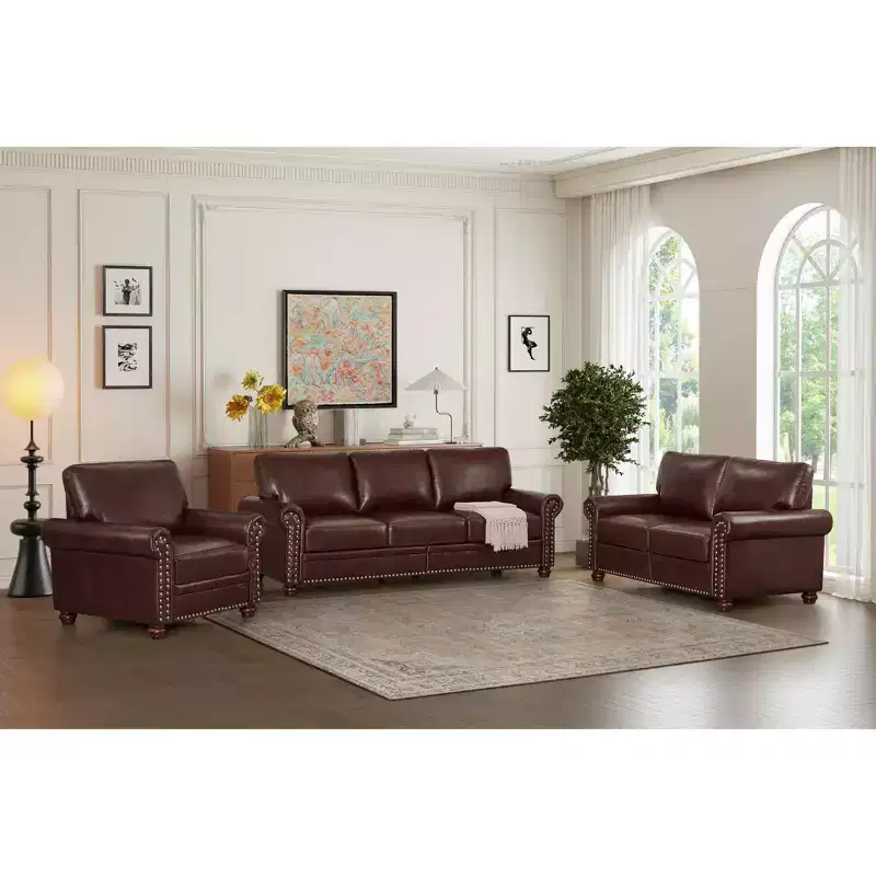 MAYEERTY 3 Pieces Sectional Faux Leather Sofa with Storage Silver Nails for Living Room Burgundy