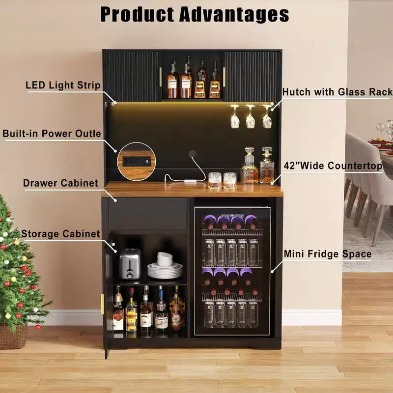 GDLF 72 Tall Bar Cabinet with Fridge Space, Fluted Coffee Liquor Hutch Cabinet with Storage