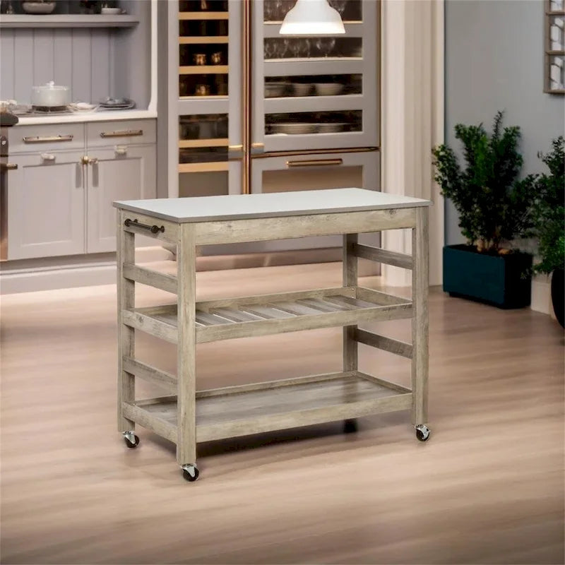 Grey Rolling Kitchen Cart with Stainless Steel Top Slotted Shelf and Towel Bar