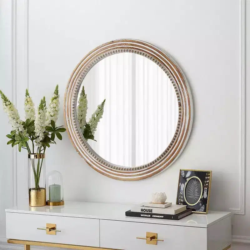Farmhouse Round Decorative Wall Mirror with Beaded Rustic Wood Frame, 24