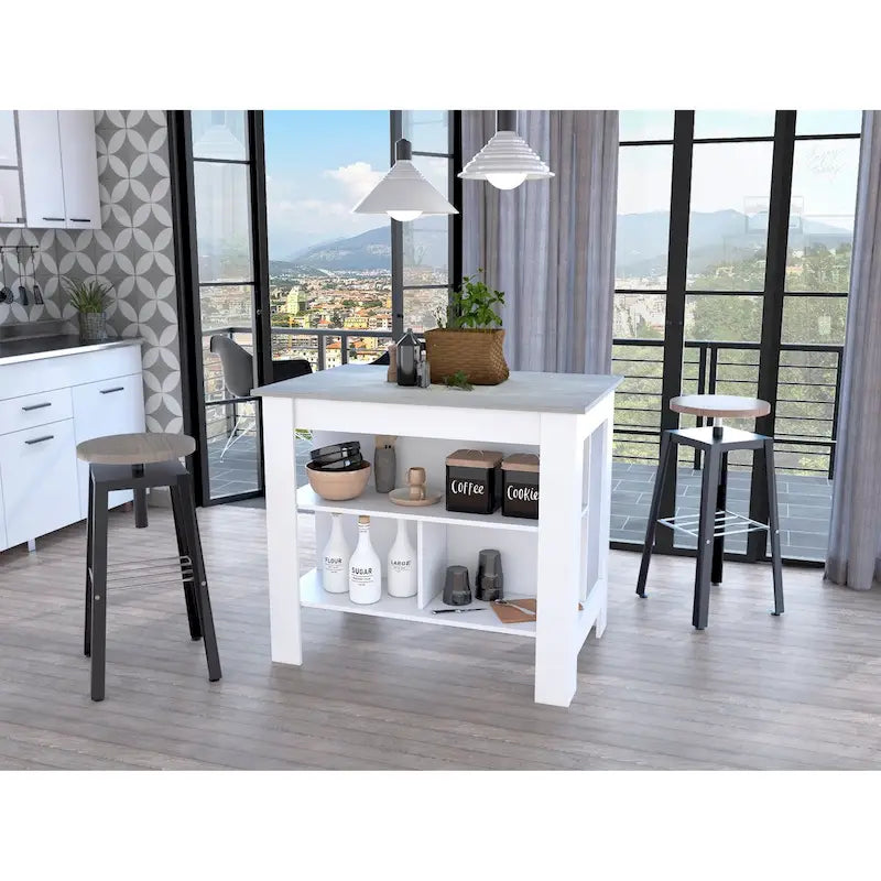 Transitional Kitchen Island with Dark Onyx Top and 3 Open Shelves