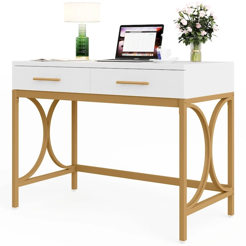 Writing Desk with 2 Drawers, White and Gold, 41.3W x 19.7D x 30.7H in, Home Office or Makeup Vanity