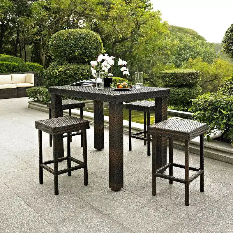 Palm Harbor 5pc Outdoor Wicker Counter Height Dining Set - Brown - Crosley: Steel Frame, UV-Resistant, No Cushion