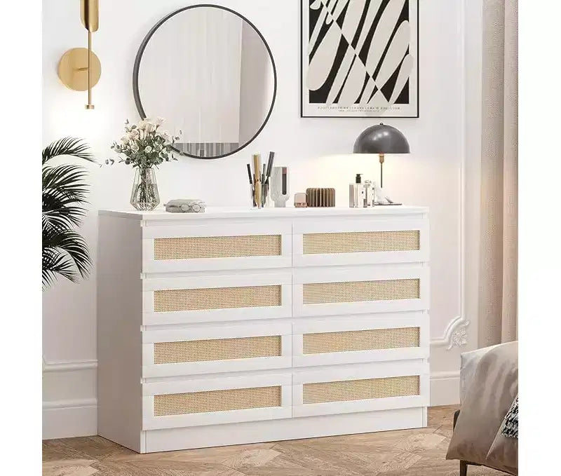 8-Drawer Rattan Dresser with Wide Tabletop