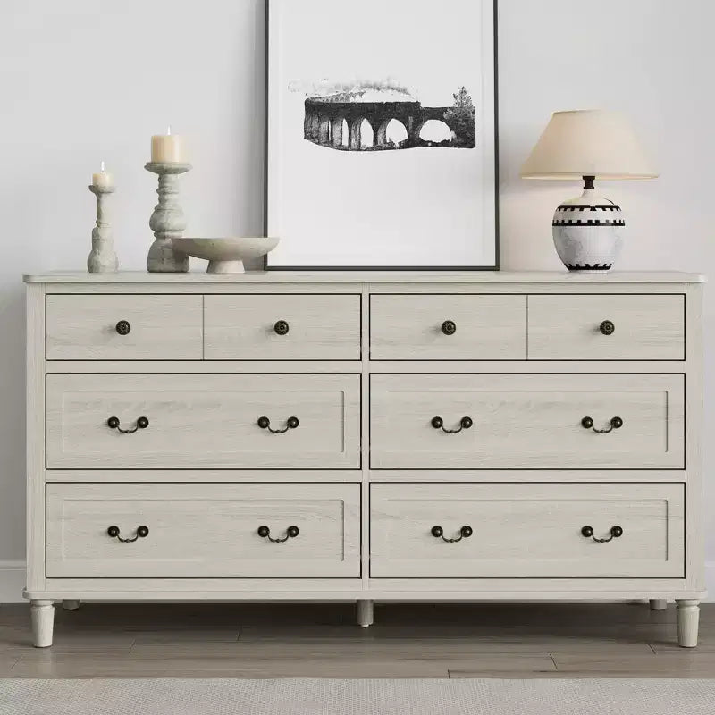 Heynemo Large 6 Drawer Dresser for Bedroom, 58 Wide Modern Chest of Drawers, Dresser TV Stand with Metal Handle, Wood Drawer Organizer, Grey Light