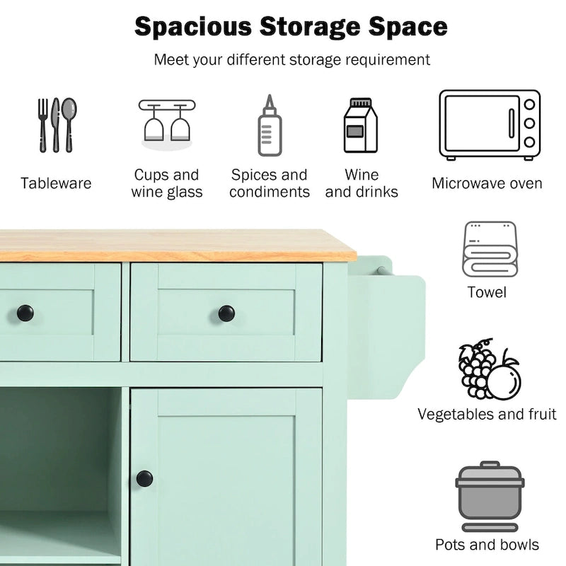 White Rolling Kitchen Island Cart with 5 Wheels Drop Leaf Rubberwood Top 3 Drawers and Spice Rack