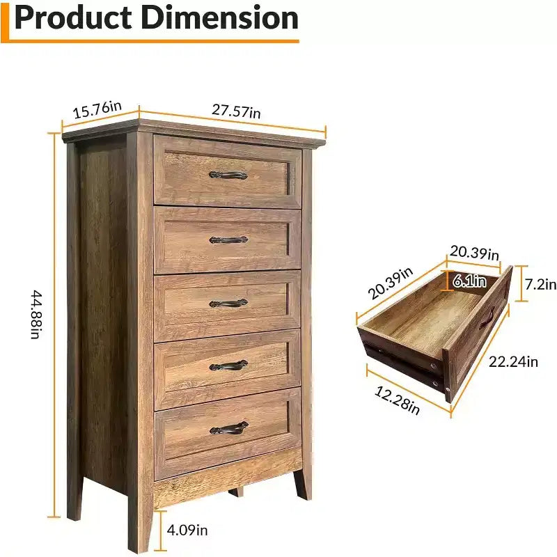 Farmhouse 5-Drawer Tall Dresser with Wood Tone Finish, Multi-Room Storage for Bedroom Living Room Entryway, Easy Assembly Sturdy Construction