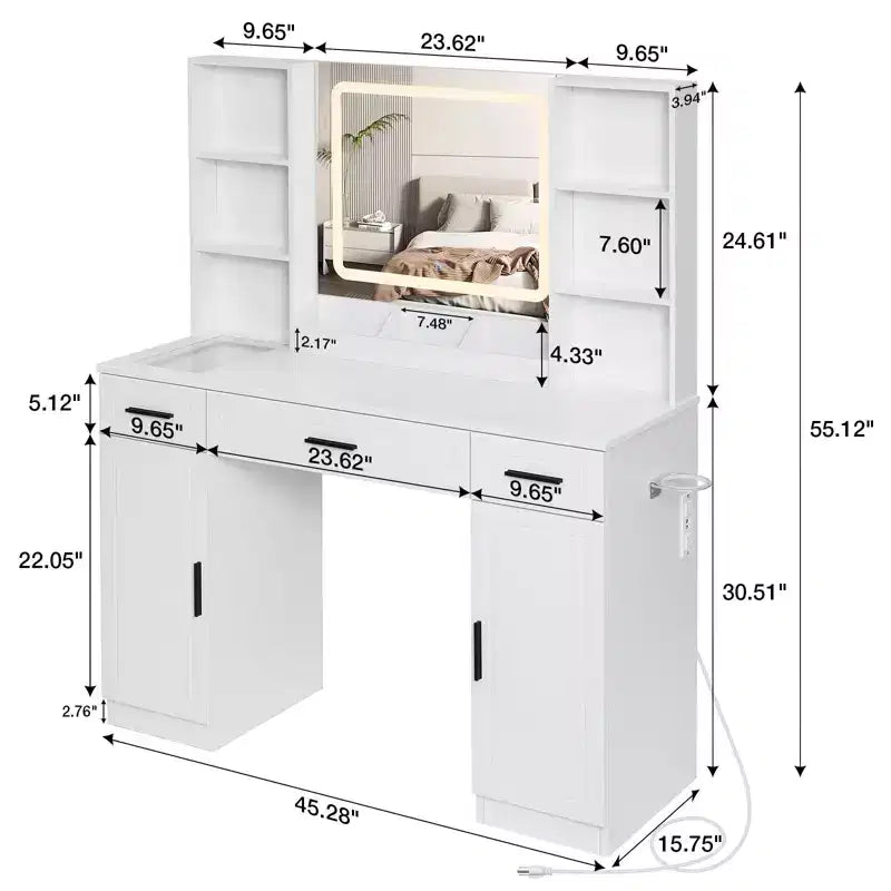 Hommpa Makeup Desk Vanity with Charging Station and Storage Shelves White Two Cabinet