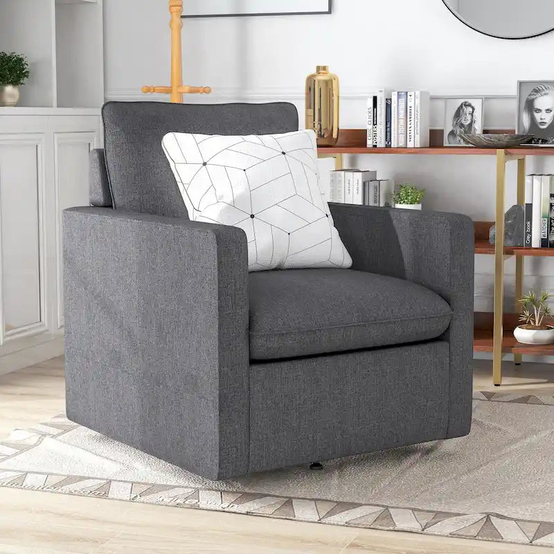 Transitional Linen Swivel Armchair with Square Arms and Removable Cushion