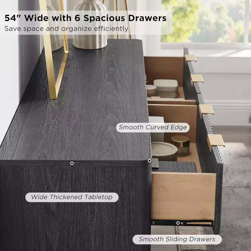 Fluted 6 Drawer Dresser for Bedroom, Modern Chest of Drawers with Metal Handle, Curved Profile Design, Wood Storage Organizer
