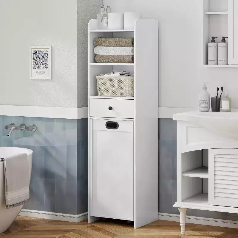 ELECWISH Bathroom Storage Cabinet, Free Standing Storage Cabinet with Pull Out Movable Laundry Hamper Basket, Tall Cabinet with Shelves and Drawer