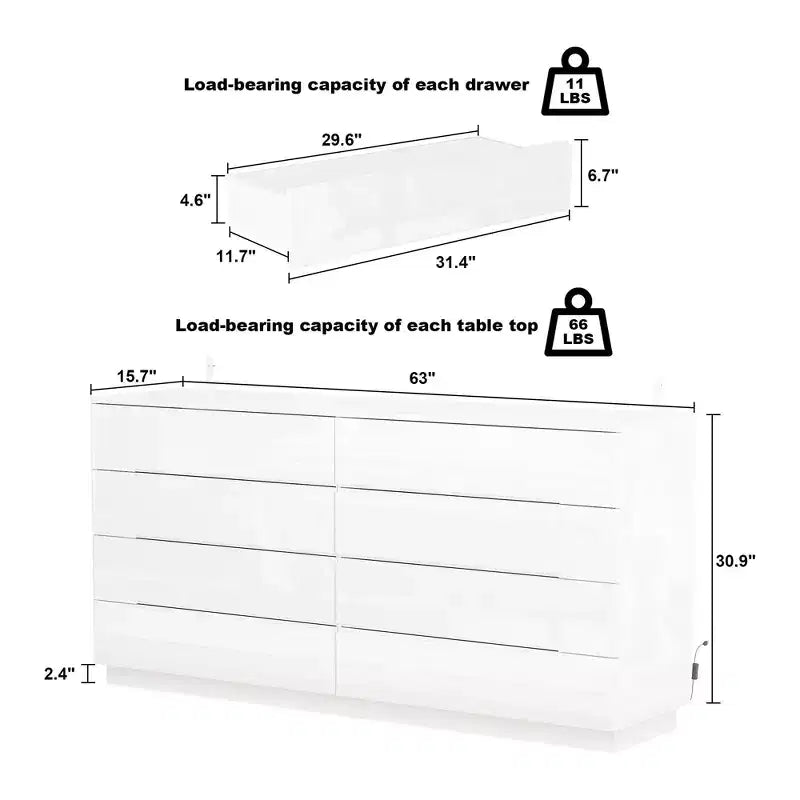 8 Drawer Dresser with Underlight - High Gloss Modern Chest of Drawers