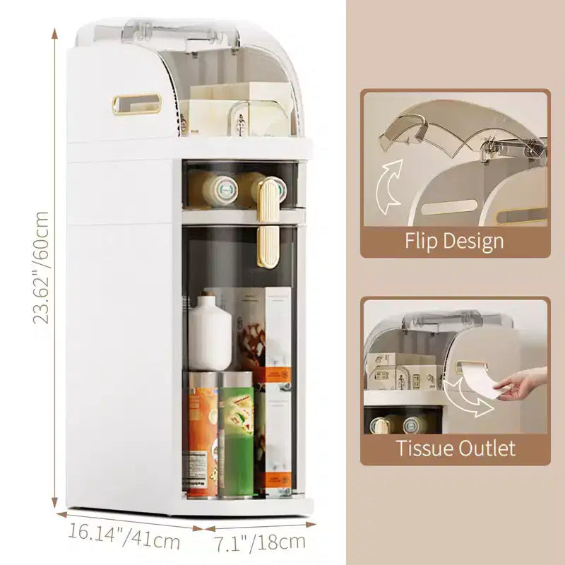 Modern Plastic Narrow Gap Storage Cabinet, Waterproof Skinny Bathroom Storage Organizer With Drawers, Cream White With Transparent Black Accents