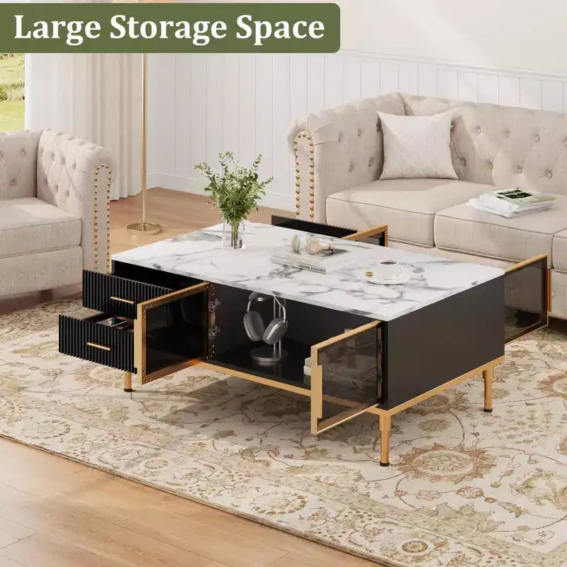 Faux Marble Coffee Table Modern - 4 Drawers & Glass Doors Storage, Sliding Cabinet + Hidden Compartment/Shelf for Living Room/Reception Room