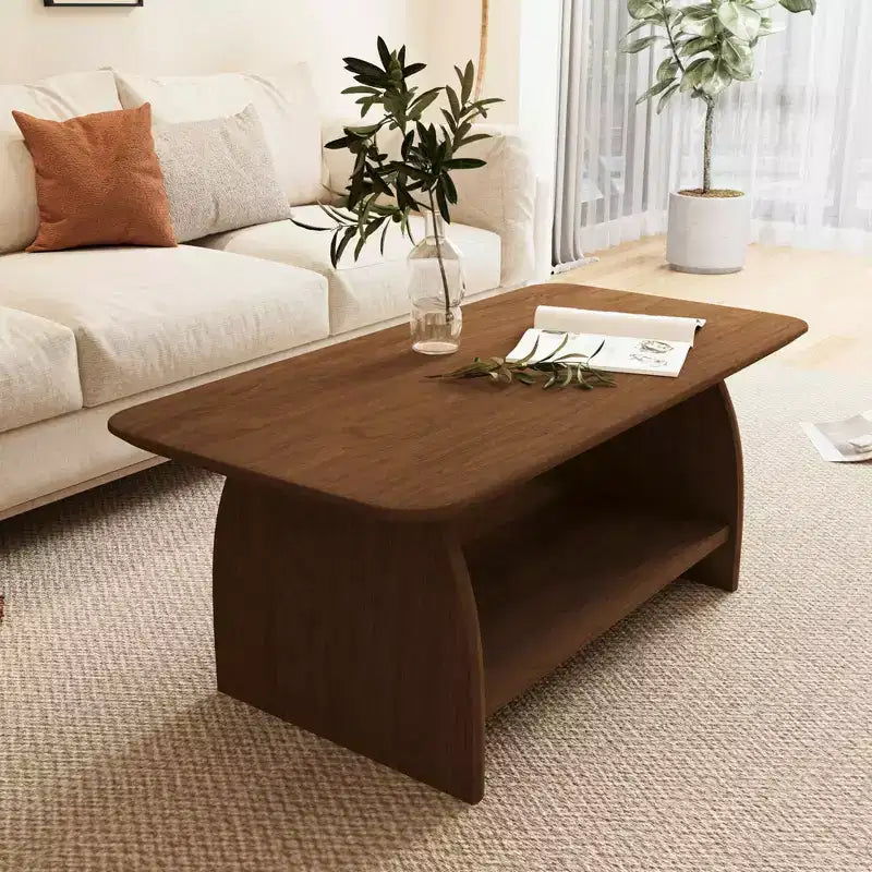47 Modern Double Layer Rectangular Coffee Table with Storage, Rounded Corners, Brown