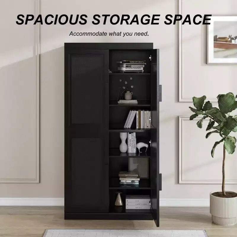 62 Black Wood Grain 6-Story Decorative Storage Cabinet with Wicker Door