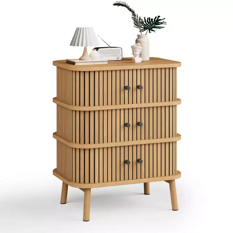 Mid-Century Modern 3-Drawer Storage Cabinet with Sliding Door and Wooden Legs