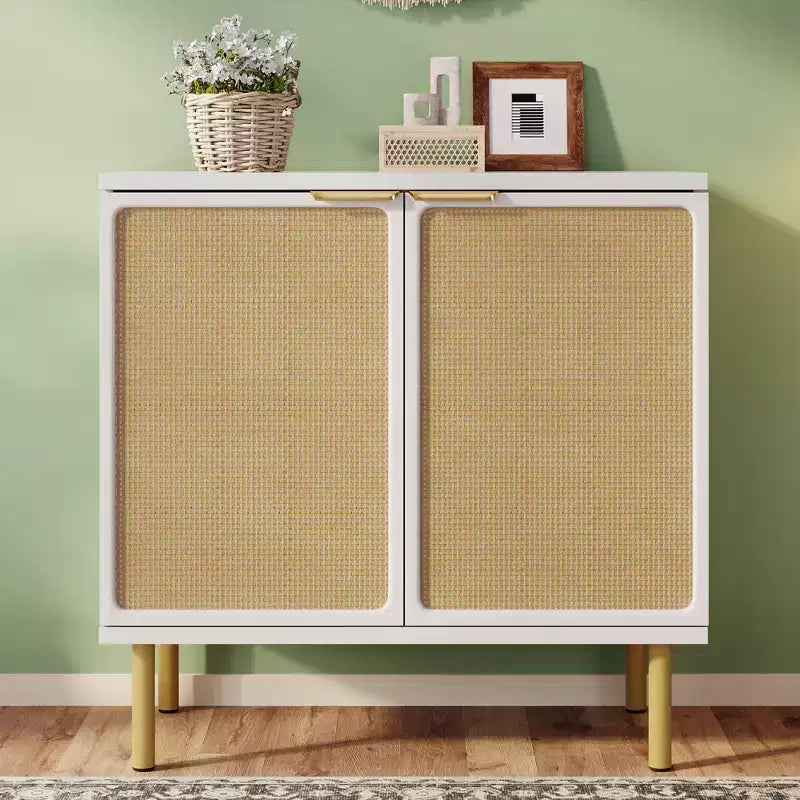 AMERLIFE 31.5 Wide Bohemian Rattan 2-Door Accent Cabinet with Gold Rubberwood Legs