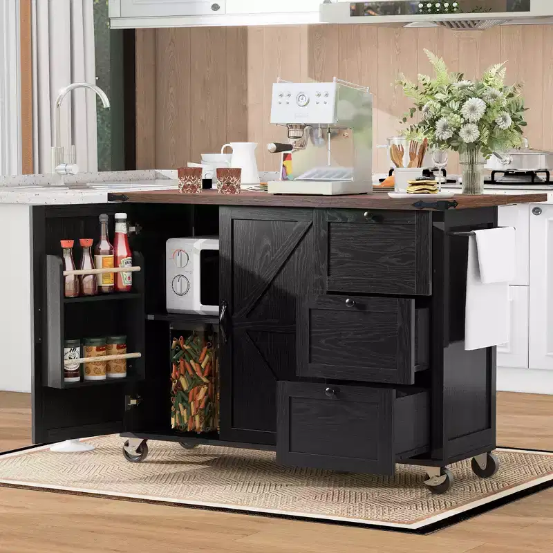 CLIHOME 54.5 Farmhouse Rolling Kitchen Island with Power Outlet, Kitchen Storage Cart with Internal Storage Rack, Drop Leaf, Spice Rack