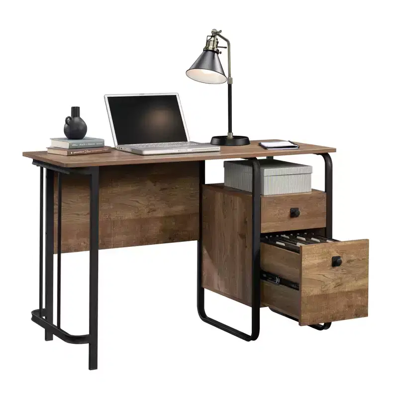 TUYOHW 47 Computer Desk,Modern Industrial Office Desk with 2 Storage Drawer and 1 Open Shelf,Metal Frame,Writing Desk for Home Office,Study,Brown