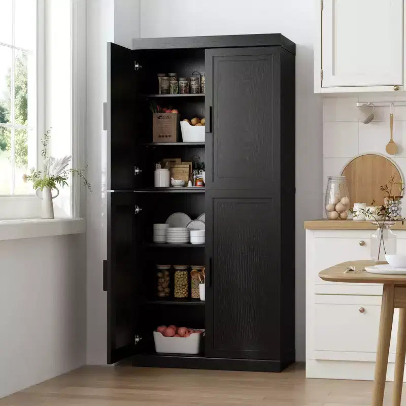 67 Tall Storage Cabinet �C 6 Shelves, Black Wood Grain Finish & Wicker Doors