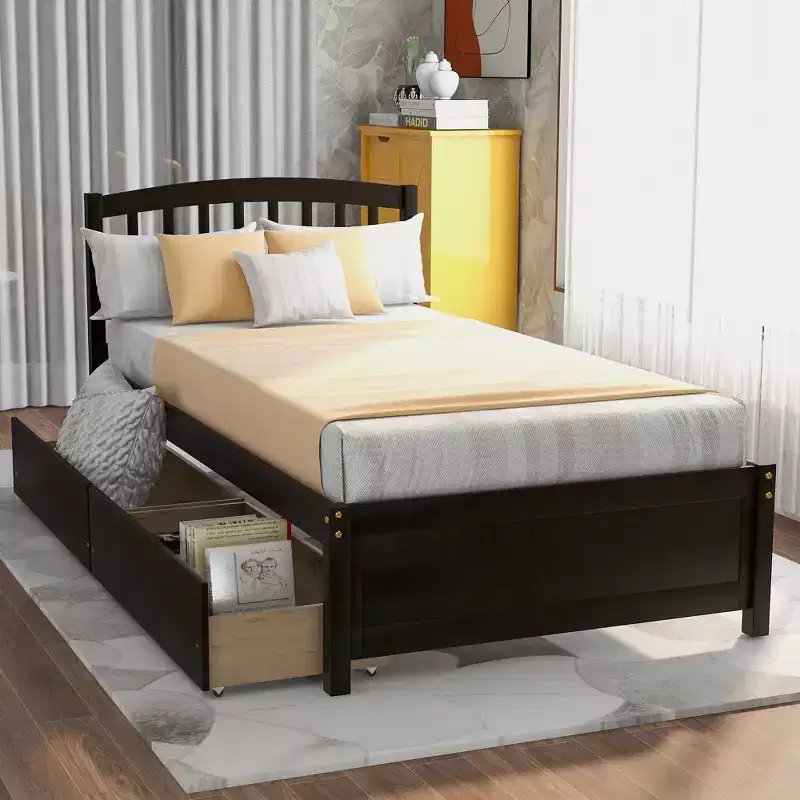 Twin Size Wood Platform Bed With 2 Storage Drawers, Easy Assembly