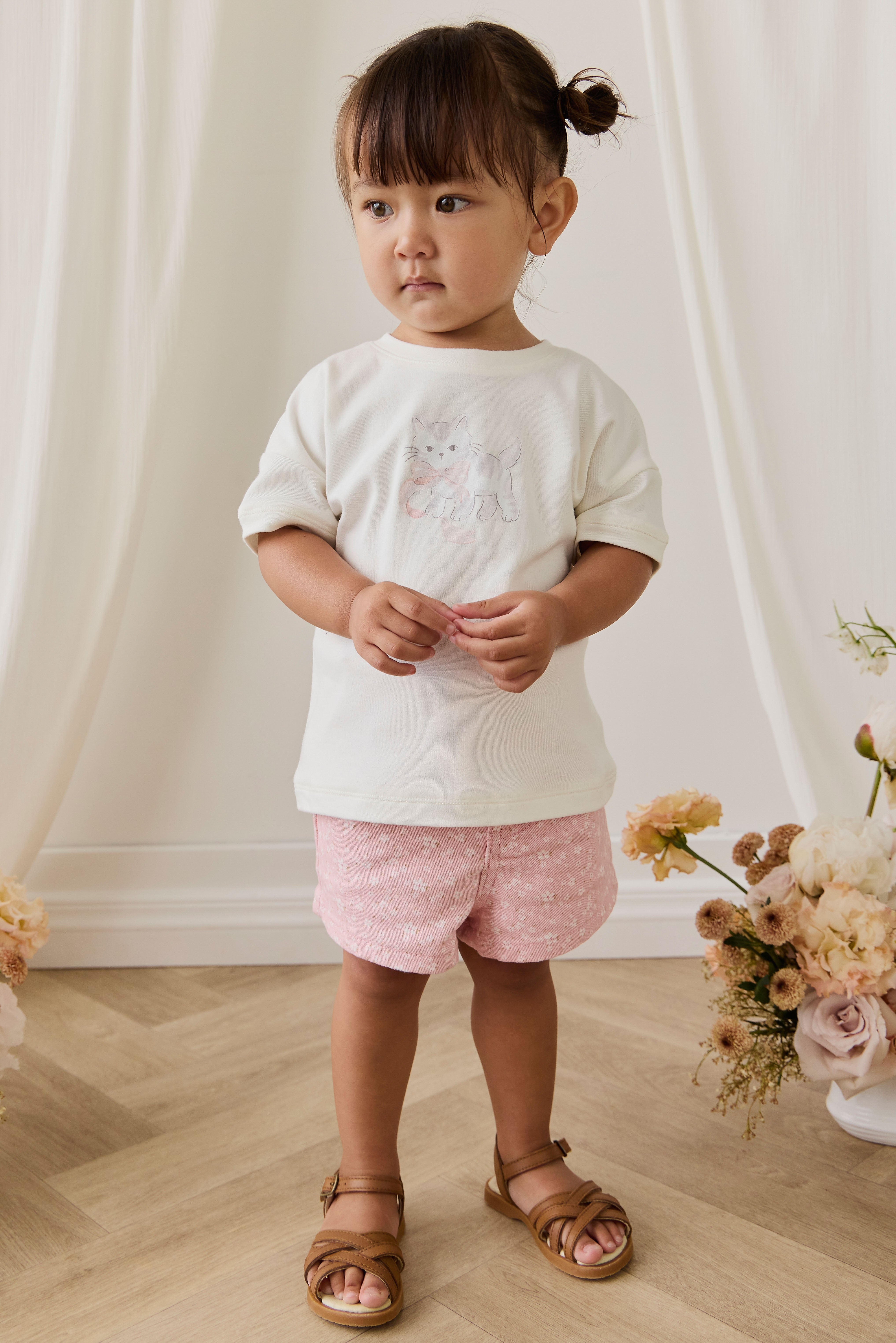 Casual Powder Pink Embroidered Cotton-Elastane Corduroy Short with Belt Loops & Front Pockets for Girls Spring-Summer (6M�C10Y)