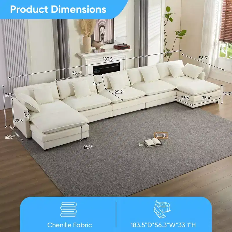 Mjkone 183''U-Shaped Chenille Modular Sectional Sofa,7-Seat Cloud Sleeper Deep Seat Couch with Ottoman and Thickened Cushions