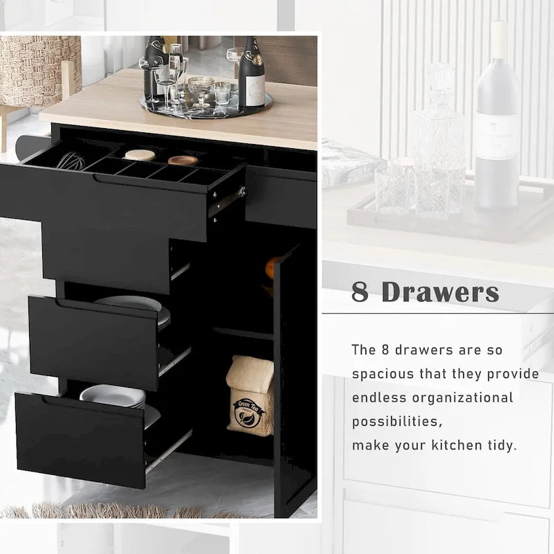 Rolling Kitchen Island Cart with 8 Handle-Free Drawers Rubberwood Top and Spice Rack