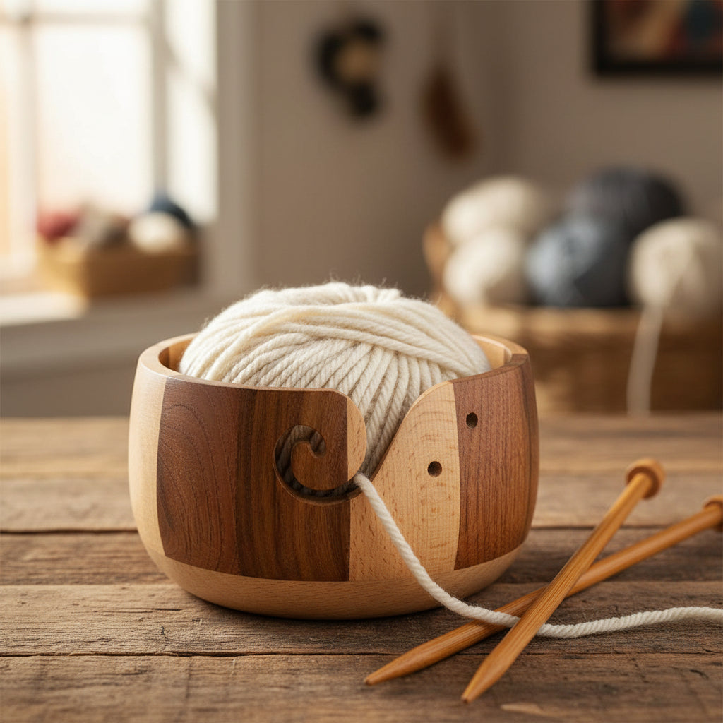 Striped Wood Yarn Bowl with Spiral Slot
