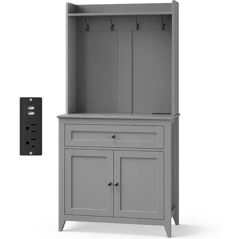 63'' Pantry Cabinet with 4 Hooks - Kitchen Storage Cabinet with Drawer & Adjustable Shelves, Coffee Bar Table