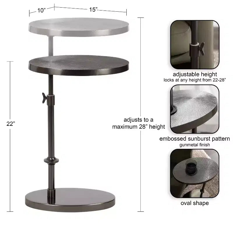 Kate and Laurel Engles Adjustable Oval Metal Table, Pewter, 15x10x28