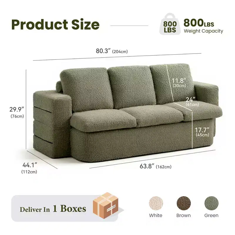 KERDOM 3 Seater Folding Sofa Bed, Memory Foam Sofa Couch With Pillows, High Density Foam Mattress for Living Room, Mint Green