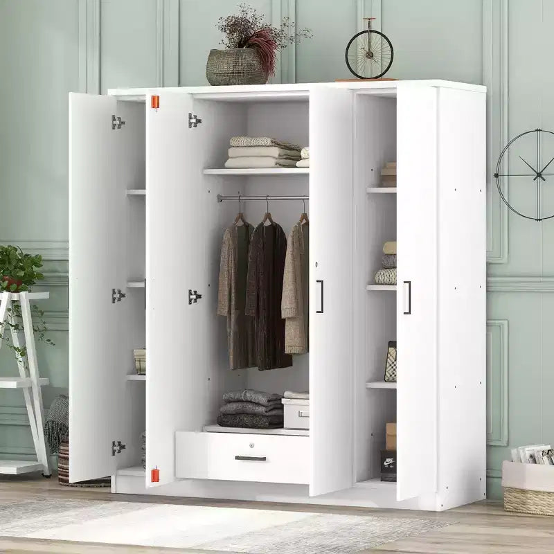 Wood 4-Door Wardrobe Armoire with Hanging Rod, 1-Drawer and Storage Shelves