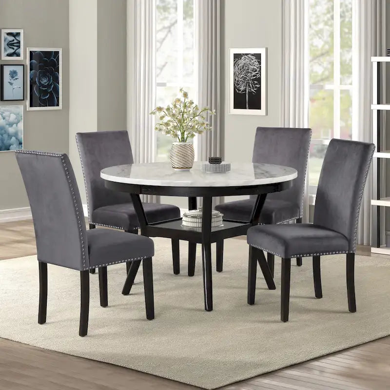 Round Dining Table with Faux Marble Top and Lower Shelf
